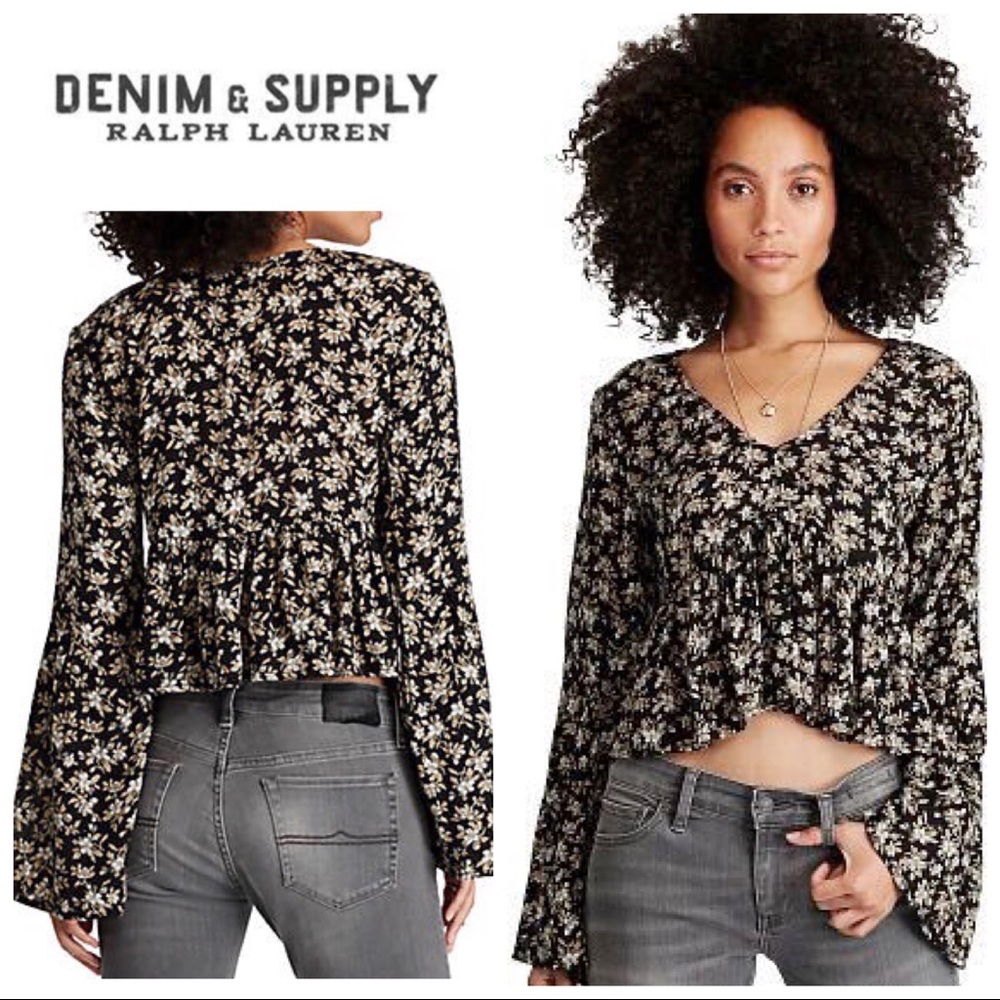 NWT Ralph Lauren Floral Bell Slv Boho Top Black M